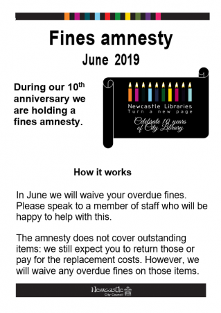 poster advertising Newcastle Libraries book amnesty, June 2019