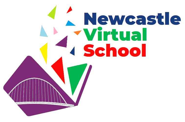 Newcastle Virtual School logo, showing an open book and the Tyne Bridge, surrounded by colourful triangles.