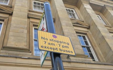 Sign at bus stops which advises ‘No stopping 7am – 7pm except buses