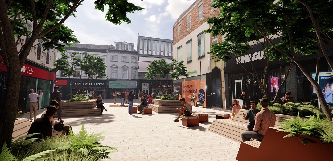 An artists impression of Ridley place, with new benches and trees in a pedestrianised area