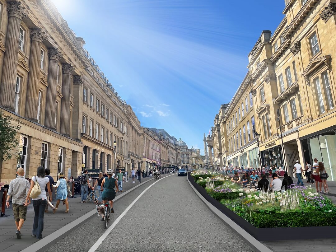 An artists impression of lower Grey Street, showing wider pavements, a contraflow cycle lane, large flowerbeds and pavement cafes
