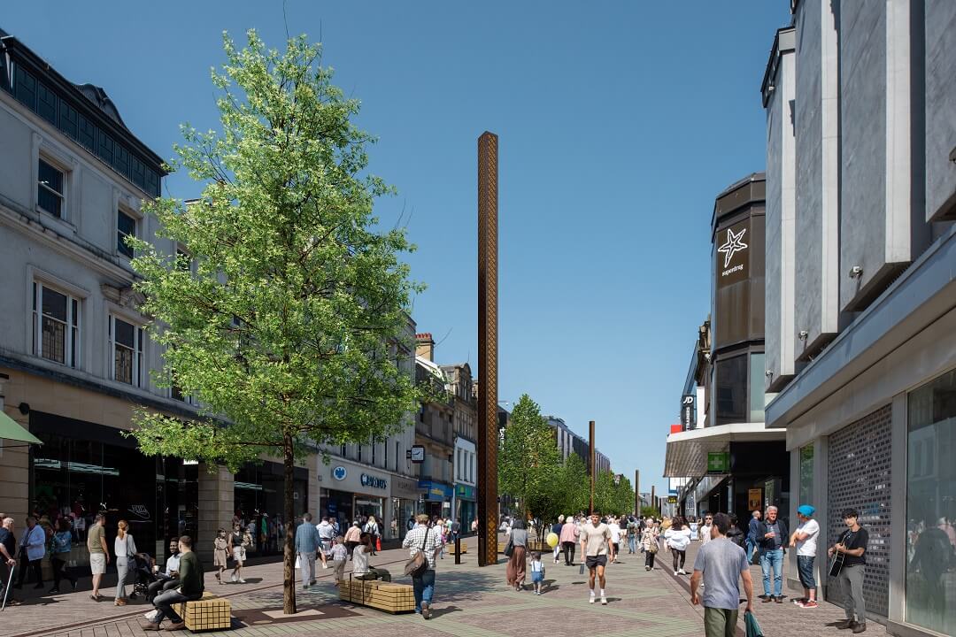 An artists impression of Northumberland Street showing new paving, street furniture, trees and lighting columns