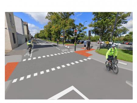 Image shows a city street that has been altered to show how it will look with a new crossing point and cycle lanes.