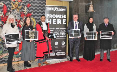 White Ribbon Accreditation presentation ceremony from left to right Tina Drury, Managing Director of YHN; Cllr Clare Penny-Evans; Lord Mayor, Cllr Habib Rahman; Peter Lassey, Chair of White Ribbon UK; Cllr Irim Ali; and Cllr Nick Cott
