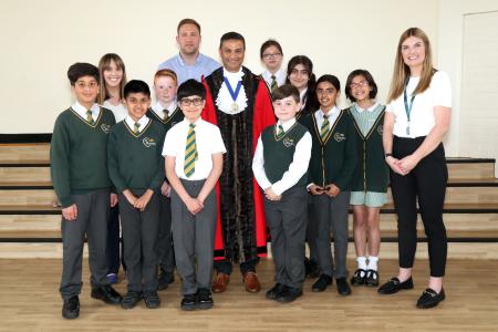 Lord Mayor, Councillor Habib Rahman, with Year 5 pupils and teachers from St Michael's Primary School at the prize giving event.