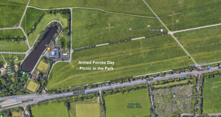Map showing the Picnic in the Park site which is located off the Great North Road next to Exhibition Park and Wylam Brewery