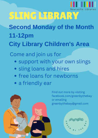 Blue poster with a man and woman slinging babies with information about the sling library at City Library