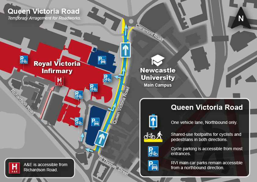 A map showing a temporary one-way restriction on a section of Queen Victoria Road, between the Royal Victoria Infirmary and Newcastle University in Newcastle. The road will be one way only, northbound, from St Thomas Street to Claremont Road from 4 March 2024 to allow for cycling, crossing and junction upgrades.