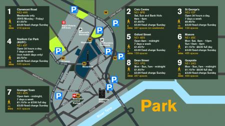 A map showing the locations of car parks around the edge of Newcastle city centre along with information about each car park.