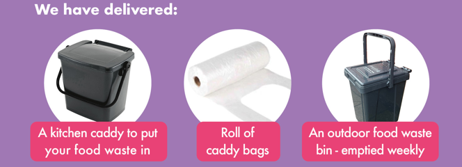 image showing small lidded food waste containers and a roll of bags to use inside them