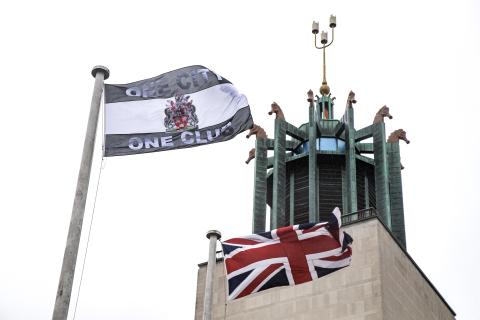 A ‘Wor Flag’ was raised above the Civic Centre with the message ‘One City, One Club’ 
