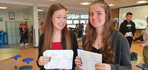 Kenton School students Lucy Atkin and Grace Hanson with their results