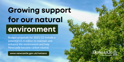 Image: A blue sky and tree foliage. Text: Growing support for our natural environment - Budget proposals for 2021/22 include a potential £1.4 million to maintain and enhance the environment and help Newcastle become carbon neutral.