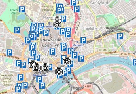 A map showing council car parks in central Newcastle