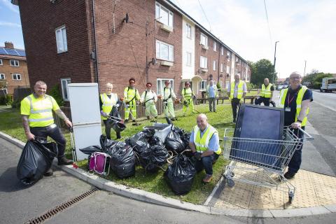 The Director of Operations and Regulatory Services Christine Herriot, Cabinet member for Development, Neighbourhoods and Transport Cllr Ged Bell and Head of Local Services and Waste Management Mick Murphy with staff carrying out a litter pick in Kenton in 2021