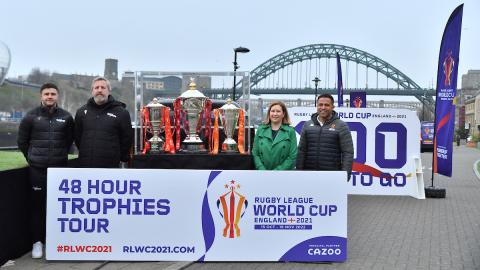 Jack Johnson and Denis Betts from Newcastle Thunder, Pam Smith Chief Executive of Newcastle City Council and Jason Robinson get the RLWC2021 48-hour trophies tour off to a flying start in Newcastle - credit SWPix
