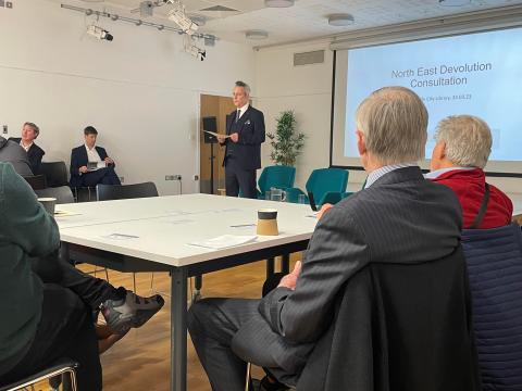 Cllr Nick Kemp, Leader of Newcastle City Council, addresses attendees at a consultation event at Newcastle City Library