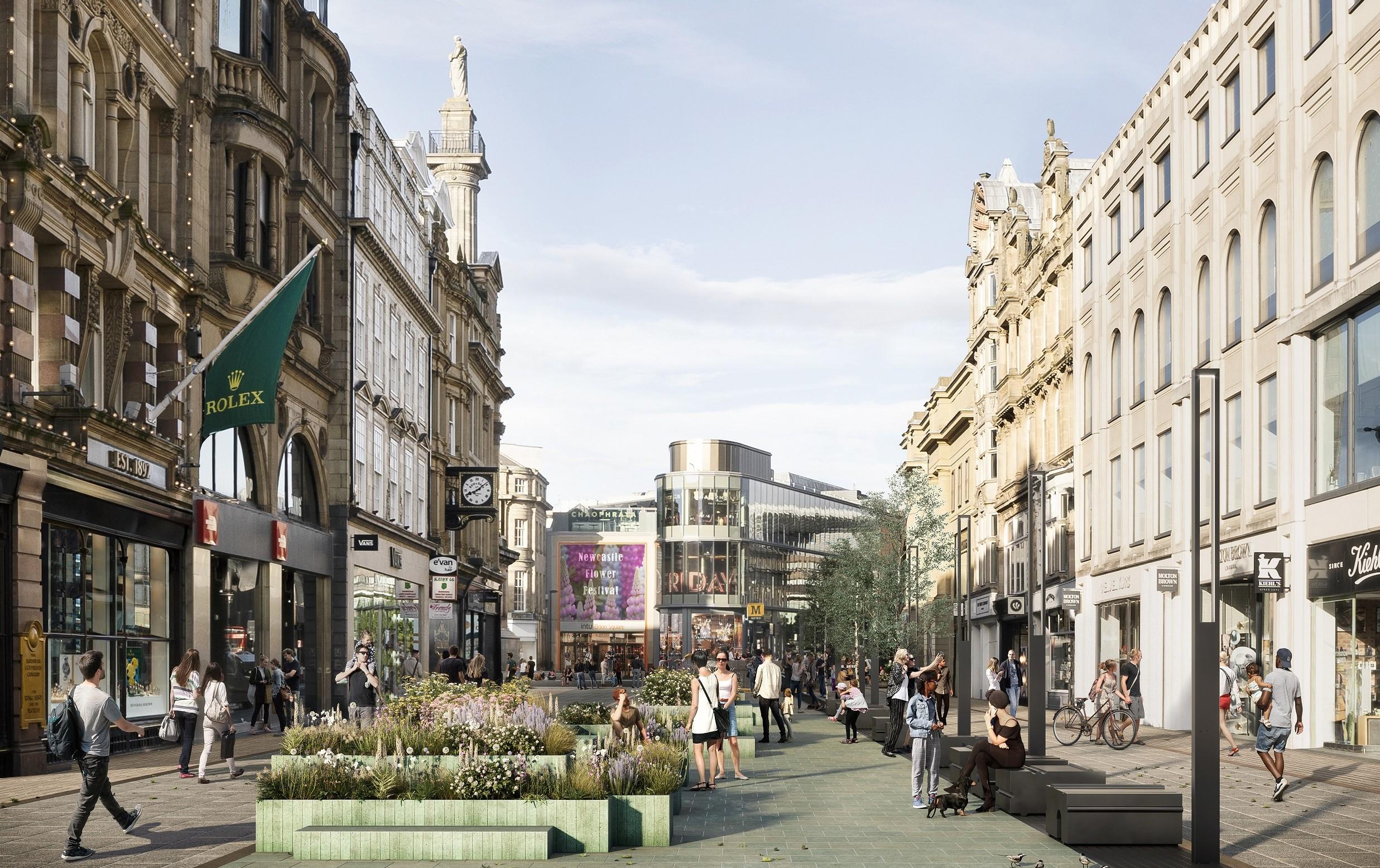 A computer generated image showing a traffic-free city centre street with people and planted areas.