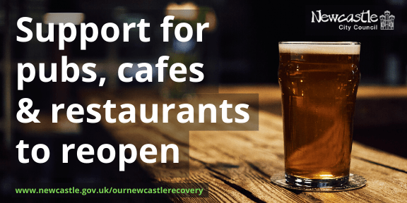 A pint of beer on a wooden bar with the text Support for pubs, cafes and restaurants to reopen