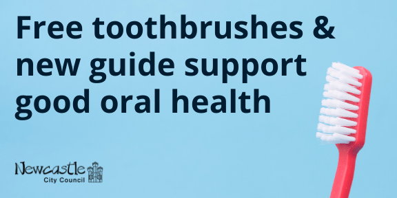 A red toothbrush on a blue background with the text Free toothbrushes and new guide support good oral health