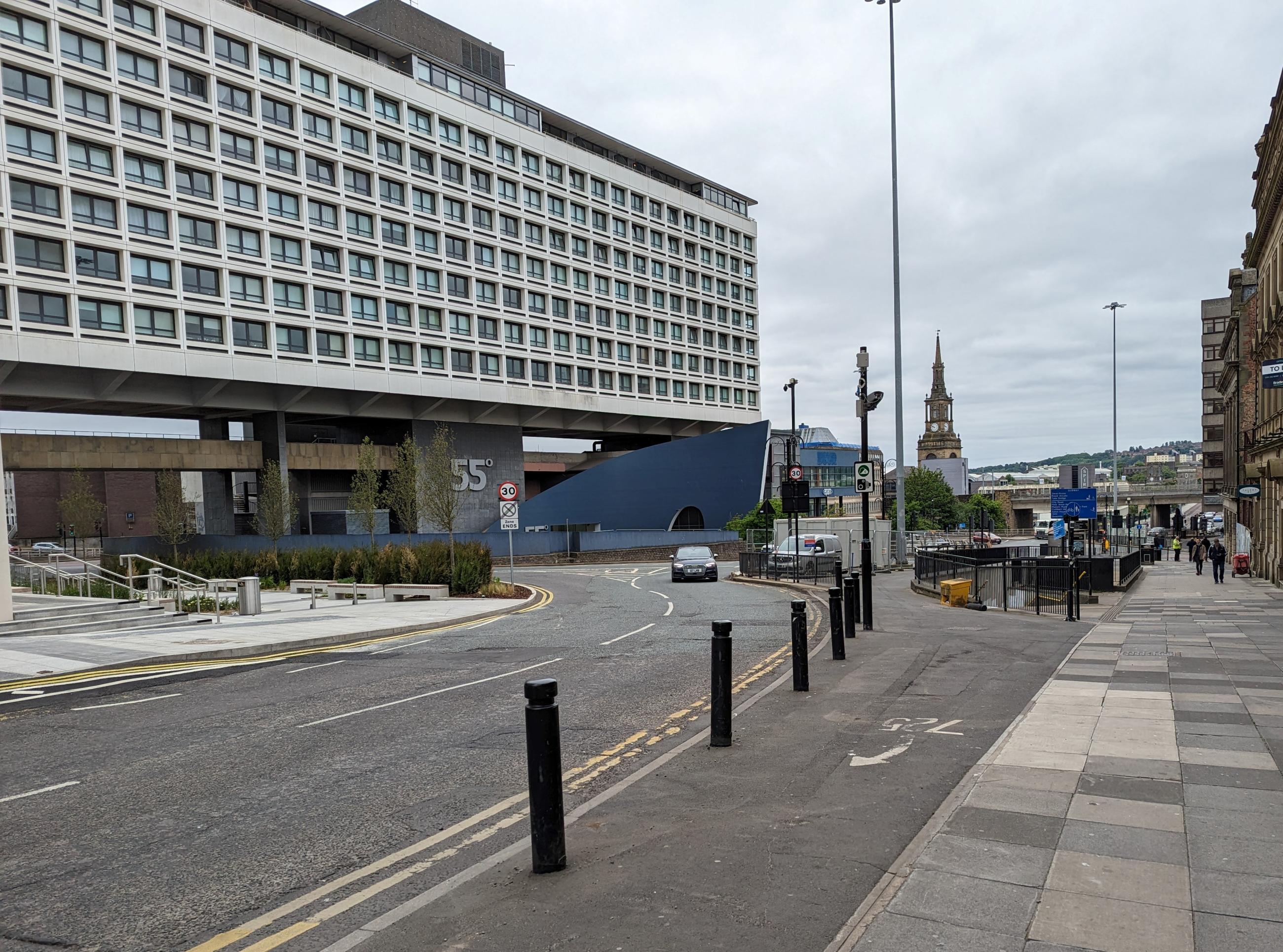Photo shows the bottom of Pilgrim Street in Newcastle looking down towards the Swan House roundabout.
