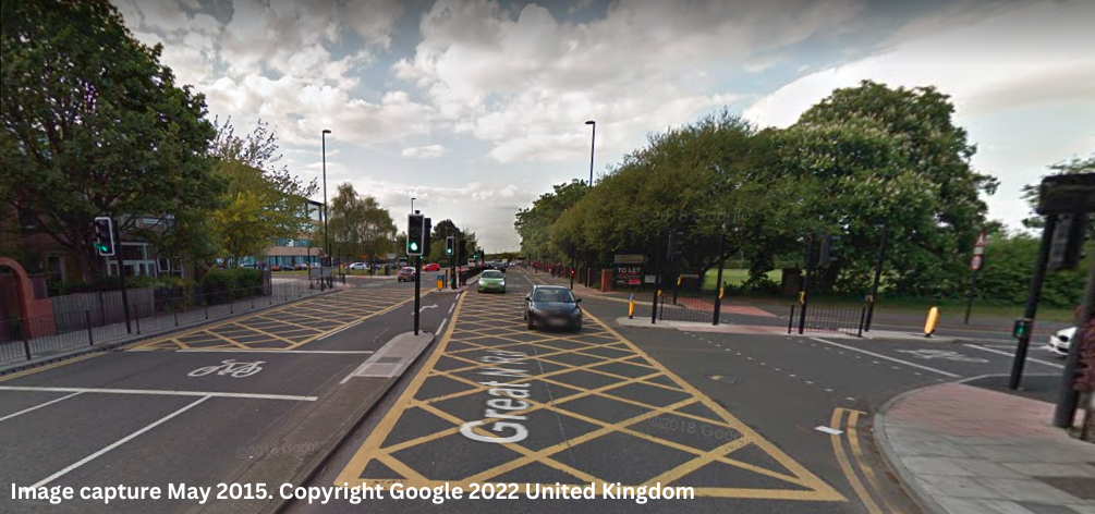 Photo shows the road junction with a yellow box at Christon Road and Great North Road, in Gosforth.