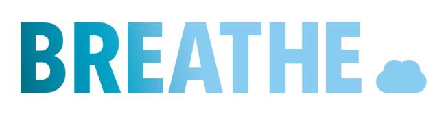 The word breathe written in capital letters with a cloud image used like a full stop. The B is a dark blue and the colour blue fades as you read along the word.