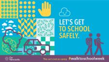 Graphic showing two people walking and the words Let's get to school safely.