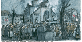 An illustration from the book Irmina showing people in Nazi Germany standing by watching as a synagogue is destroyed
