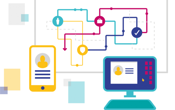 Illustration showing connections between digital platforms, including desktop PC and mobile phone